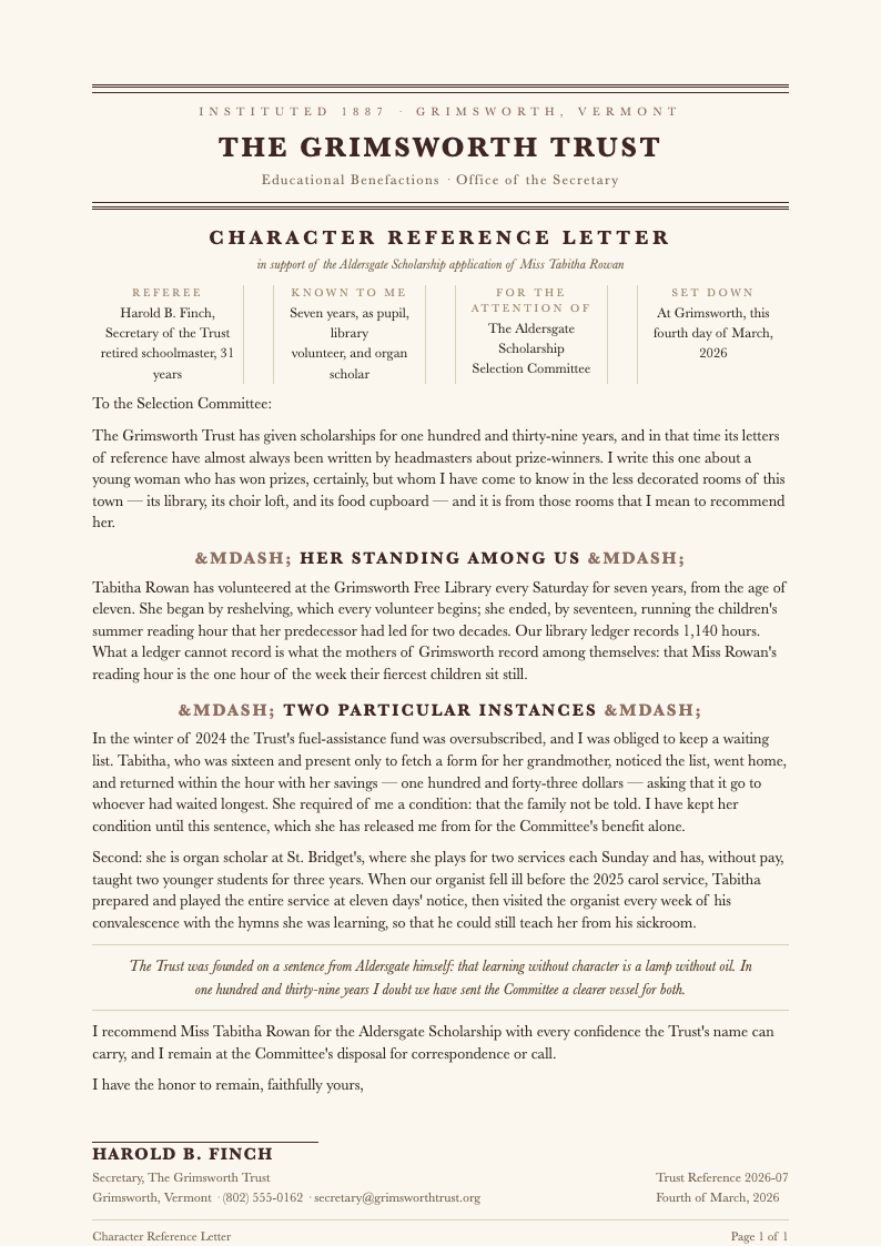 Heritage letterpress character reference letter